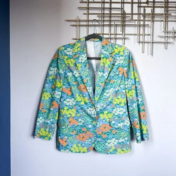 Vintage Flower Power Blue Orange Cotton Blazer Size Small - Picture 2 of 12